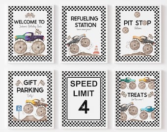 Monster Truck Birthday Party Signs: Pit Stop, Speed limit, welcome sign Decor (Digital Download)