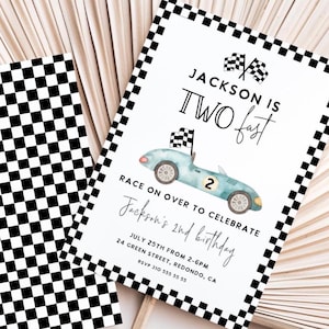 Two Fast Race Car 2nd Birthday Invitation: vintage racer party Editable Template (Digital)