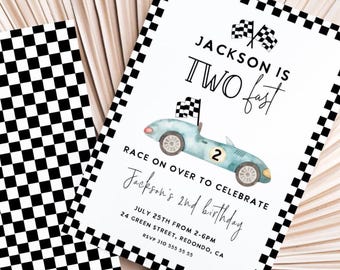 Two Fast Race Car 2nd Birthday Invitation: vintage racecar party Editable Template (Digital)