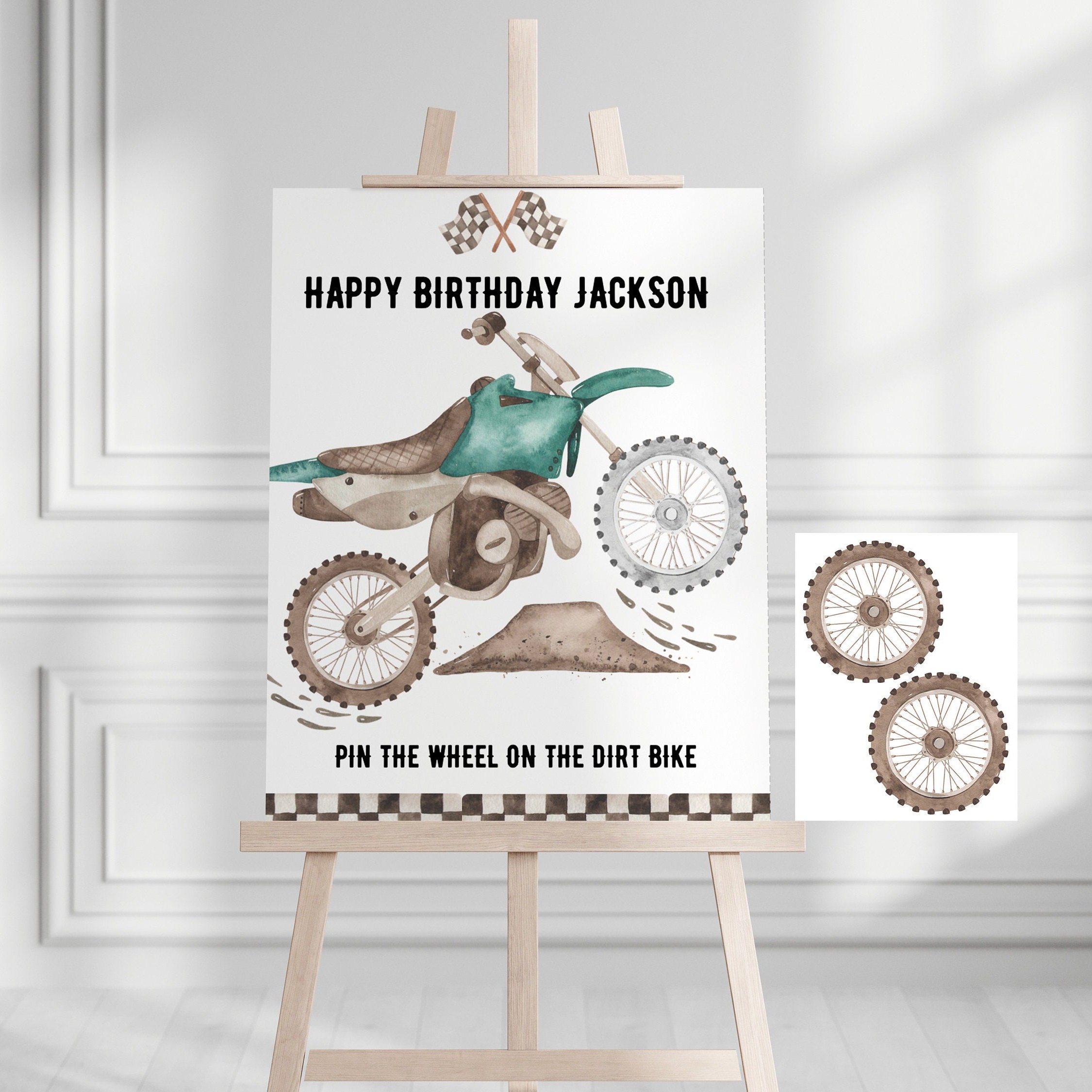 Dirt Bike party game, pin the tire on the dirt bike, pin the wheel,  birthday invite games, motorcycle, activity Editable printable DOWNLOAD