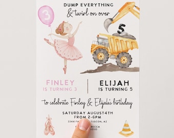 Ballerina Construction Joint Birthday Invitation: Sibling bday Party, Any Age (Editable Template)