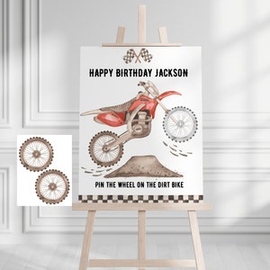 Dirt Bike party game, pin the wheel on the dirt bike, pin the tire,  birthday invite games, motorcycle, activity Editable printable DOWNLOAD
