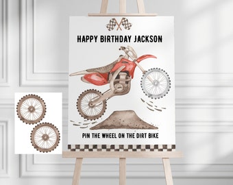 Dirt Bike party game, pin the wheel on the dirt bike, pin the tire,  birthday invite games, motorcycle, activity Editable printable DOWNLOAD