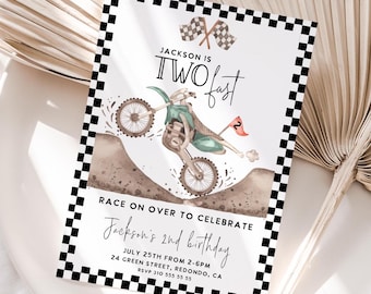 May include: A white and black checkered border surrounds a birthday party invitation for a child named Jackson. The invitation features a green and black dirt bike with a red number 2 flag. The text reads "Jackson is Two fast" and includes details for the party, including the date, time, and location.