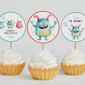 Editable Monster Birthday cupcake toppers, Monster party decor, monster party, little monster party, 1st birthday party, any age template