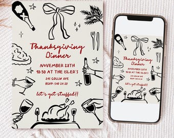 May include: A Thanksgiving dinner invitation featuring a black and white illustration of a turkey, wine glasses, and a pie. The text reads "Thanksgiving Dinner" and includes the date, time, location, and RSVP information. The invitation is printed on a beige background.