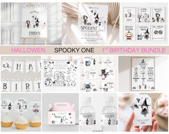 Spooky One Birthday Invitation bundle, Pastel Halloween Girl First Birthday (Digital Download)