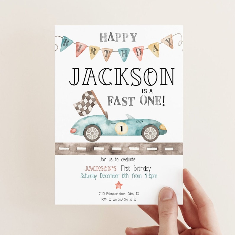May include: A blue and white birthday invitation with a watercolor illustration of a blue race car with a checkered flag. The text reads "Happy Birthday Jackson is a Fast One!" and includes details for the party, including the date, time, and location.