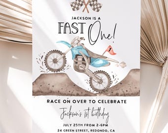 Light Blue Dirt Bike 1st Birthday Invitation: Fast One Motocross Party (Digital Download)