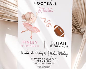 Ballerina football Joint Birthday Invitation: Siblings Party, Sports Tutu Template (Digital Download)