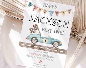 Race Car Birthday invitation, Fast one invite, boy birthday, first birthday, Editable birthday template, printable, corjl, INSTANT DOWNLOAD