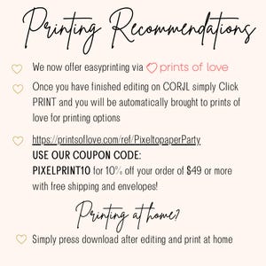 Op de afbeelding: Een cr&egrave;mekleurige afbeelding met de tekst "Printing Recommendations" in elegant schrift. De tekst geeft afdrukinstructies, inclusief een couponcode voor korting op bestellingen. Extra tekst suggereert thuis afdrukken.