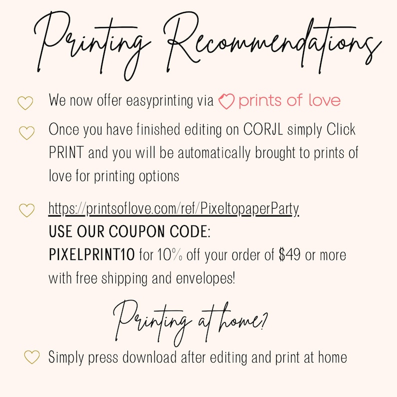Op de afbeelding: Een cr&egrave;mekleurige afbeelding met de tekst "Printing Recommendations" in elegant schrift. De tekst geeft afdrukinstructies, inclusief een couponcode voor korting op bestellingen. Extra tekst suggereert thuis afdrukken.