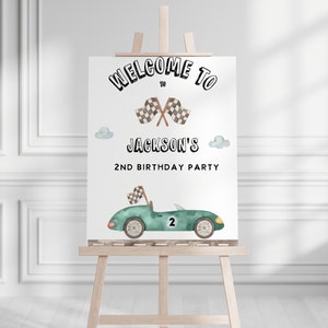 Race Car Birthday Welcome sign, Two fast,  two curious, Welcome poster, second birthday, any age, Editable template, corjl,INSTANT DOWNLOAD