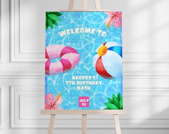 Pool party welcome sign, summer pool Party, welcome poster, splish splash party, pool birthday bash, swimming pool, girl, download PP616