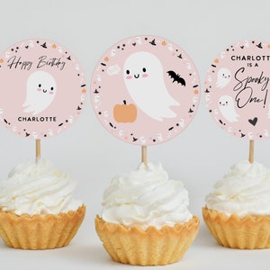 Halloween Birthday cupcake toppers, cake topper,  Spooky one birthday, first birthday party invitation cute pink ghost, editable printable