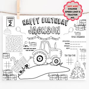 Personalized Tractor Coloring Page: Birthday Activity Mat, Coloring sheet, Farm party decor (PDF)
