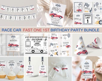 May include: A collection of race car-themed party supplies. Includes a banner that says "Happy Birthday", invitations, cupcake toppers, water bottle labels, and other decorations. The color scheme is red, white, and blue.