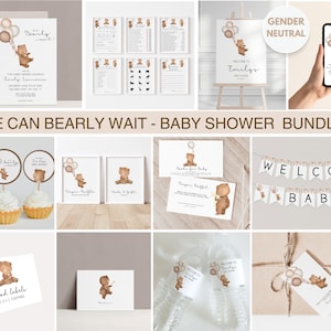 We Can Bearly Wait baby shower bundle, Baby Shower invitation, Bear Balloon Baby Shower Invitation Bundle, boho bear baby shower, editable