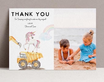 Construction Unicorn Joint Birthday Thank You Card: dump everything, Magical day (Editable Template)