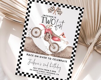May include: A birthday party invitation with a checkered border. The invitation features a watercolor illustration of a red dirt bike with a number 2 flag. The text reads "Jackson is Two Fast" and includes details for the party, including the date, time, and location.