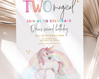 Invito per il secondo compleanno a tema unicorno: due inviti magici per una festa a tema arcobaleno per bambine (modello digitale scaricabile).