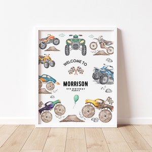Peut inclure: Une affiche imprimable blanche avec une illustration aquarelle de diff&eacute;rents v&eacute;hicules tout-terrain, dont des monster trucks, des quads et des motos de cross. Le texte "Bienvenue &agrave; Morrison 5e anniversaire" est imprim&eacute; sur l'affiche.