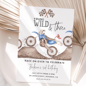Young Wild and THREE Dirt Bike Birthday invitation, 3rd birthday, Blue Dirt bike party, motorcycle party, racing invite, bike theme, PRINT
