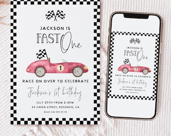 Race Car 1st Birthday Invitation: "FAST ONE" Theme (Editable Template)