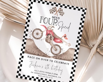 Red Dirt Bike 4th Birthday Invitation: Need four Speed Party (Digital Download 5x7in Template)