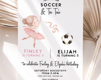 Ballerina Soccer Joint Birthday Invitation: Siblings Party, Sports Tutu Template (Digital Download)