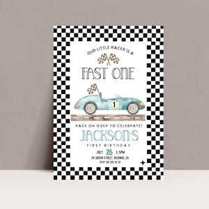 Editable Race Car birthday invitation, FAST ONE Birthday, 1st Birthday,  Racing party,  Racecar invite, vintage race car, printable