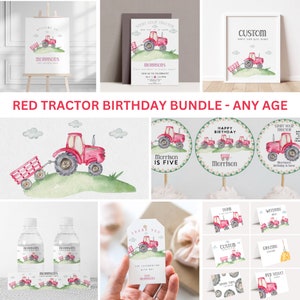 May include: Red tractor birthday party printable bundle. Includes a welcome sign, invitation, cupcake toppers, water bottle labels, thank you tags, and favor tags. The design features a red tractor with a pink wagon, green grass, and white clouds.