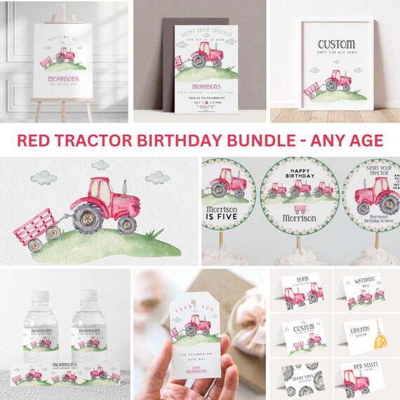 Red Tractor Birthday Party Bundle: Editable Invitation (Digital Download)