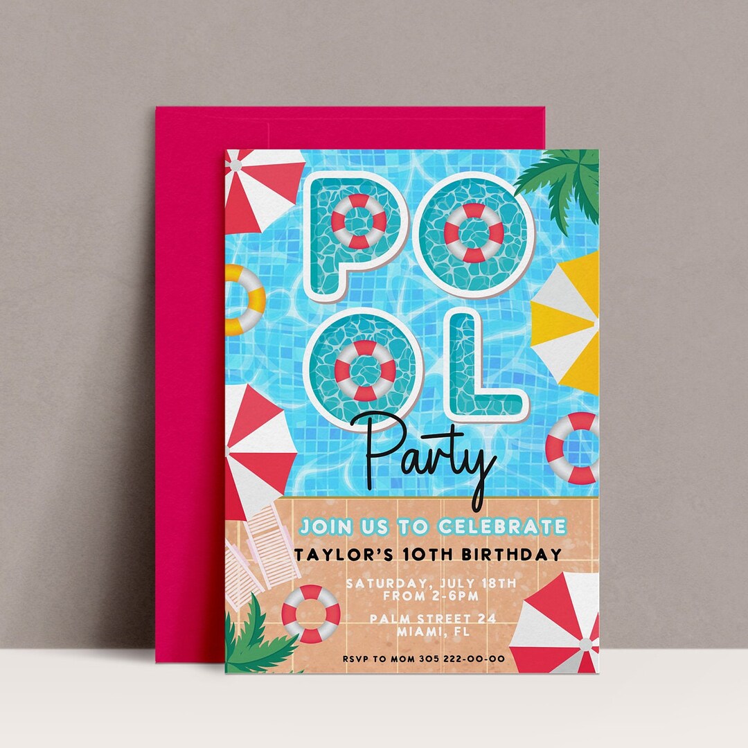 Pool Party Invitation Girl, Pool Party Invite, Pool Party Birthday