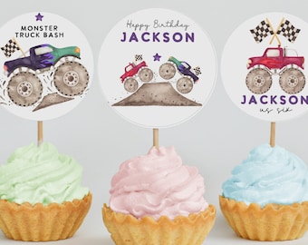 Monster Truck cupcake toppers, DIY cupcake toppers, Any Age, Monster Truck Bash Invite, truck toppers round, Editable, printable, instant