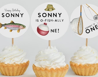 Editable Fishing Cupcake Toppers: O-fish-ally Birthday Party Decor (Digital Download, Printable Template, 2" Round )