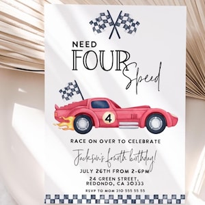 Invitación de cumpleaños número 4 con temática de coches de carreras de alta velocidad (Plantilla editable, descarga digital)
