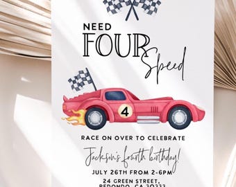 Need four Speed Race Car 4th Birthday Invitation (Editable Template, Digital Download)