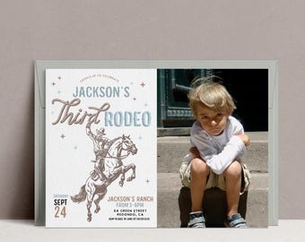 Third Rodeo Birthday Invitation: Wild West Cowboy Party, photo invite template, digital download (Editable)
