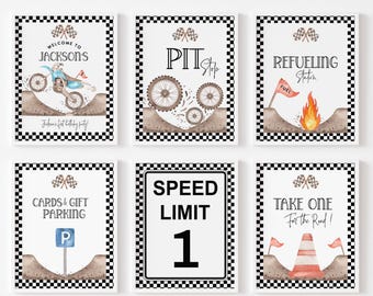 Light blue Dirt Bike Birthday Party Signs: Race Decor, refueling station, speed limit sign (Digital Download)