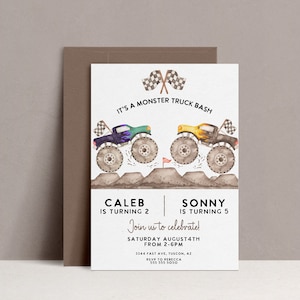 May include: A white invitation with a watercolour illustration of two monster trucks racing. The text reads "It's a Monster Truck Bash", "Caleb is turning 2", "Sonny is turning 5", "Join us to celebrate!", "Saturday August 4th from 2-6pm", "3344 Fast Ave, Tucson, AZ", "RSVP to Rebecca", "555 555 5050".