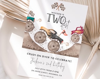 Monster Truck 2nd Birthday Invitation: Two Fast Party (Editable Digital Download)