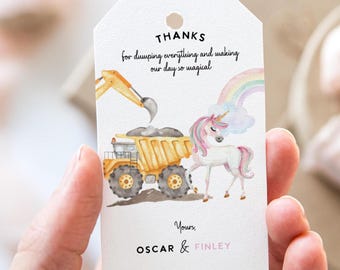 Unicorn Construction favor tags: magical Birthday thank you tag, Sibling bday Party,  (Editable Template)
