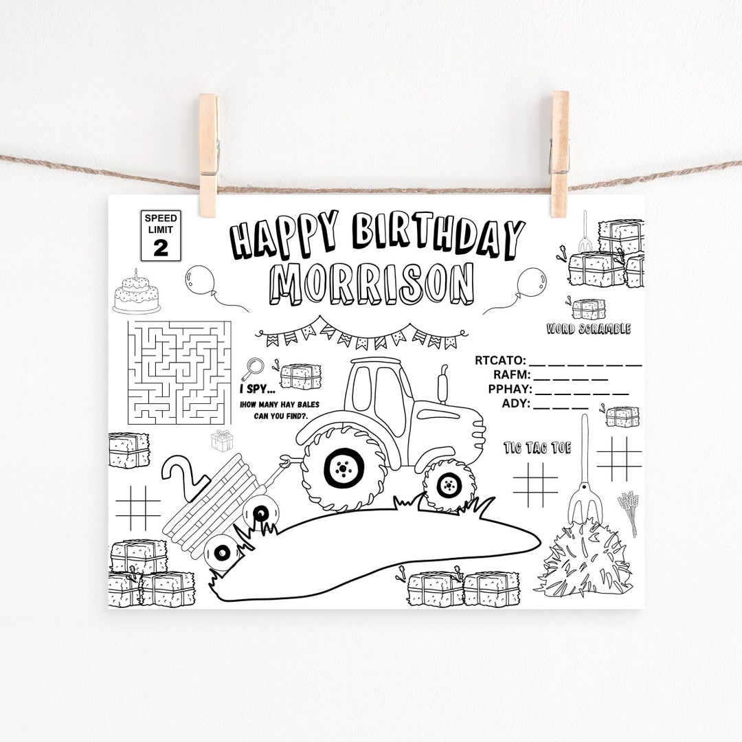 Tractor Activity Coloring Mat, Tractor Birthday Coloring Page, Tractor ...