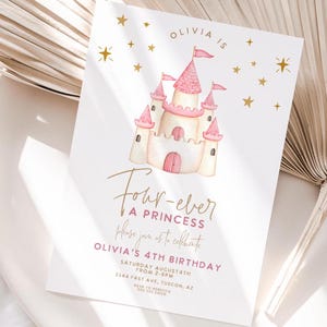 Princess birthday invitation, FOUR EVER a princess, Princess invitation, magical day, pink castle party, 4th birthday, download printable