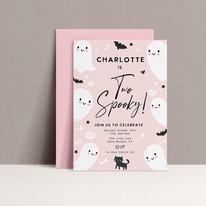 Two Spooky Birthday Invitation: Pink Halloween Ghost Party (Digital Download)