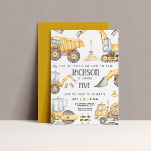 May include: Construction vehicle themed birthday party invitation with yellow and black colors. The invitation says "Stop the traffic and close the road, Jackson is turning five. Join the crew to celebrate. July 26, 2-5pm, 24 Green Street, Redondo, CA. RSVP to Mom, 310 555 55 55."