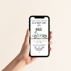 Race car birthday, FAST ONE birthday, race car Evite, mobile invite, 1st birthday, race car invitation , racing party, car party, download