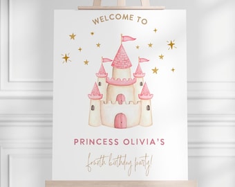 May include: Welcome to Princess Olivia's fourth birthday party sign with a pink and white castle illustration and gold stars.